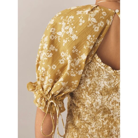 Anthropologie Seersucker Smocked Puff-Sleeve Crop Top Size L Chartreuse Floral - Picture 5 of 8